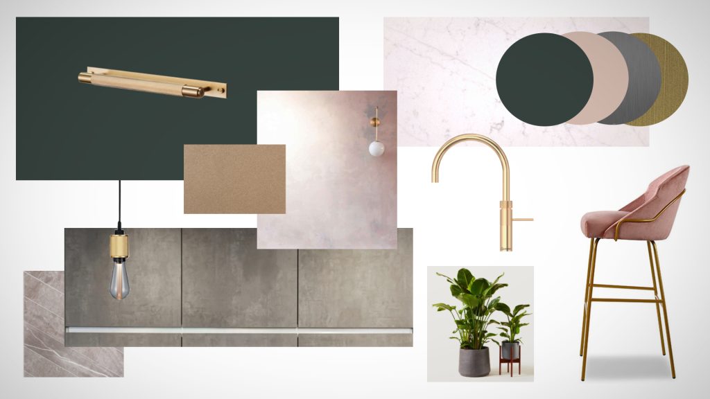 Modern dark Green, concrete and dusty pink kitchen design moodboard.