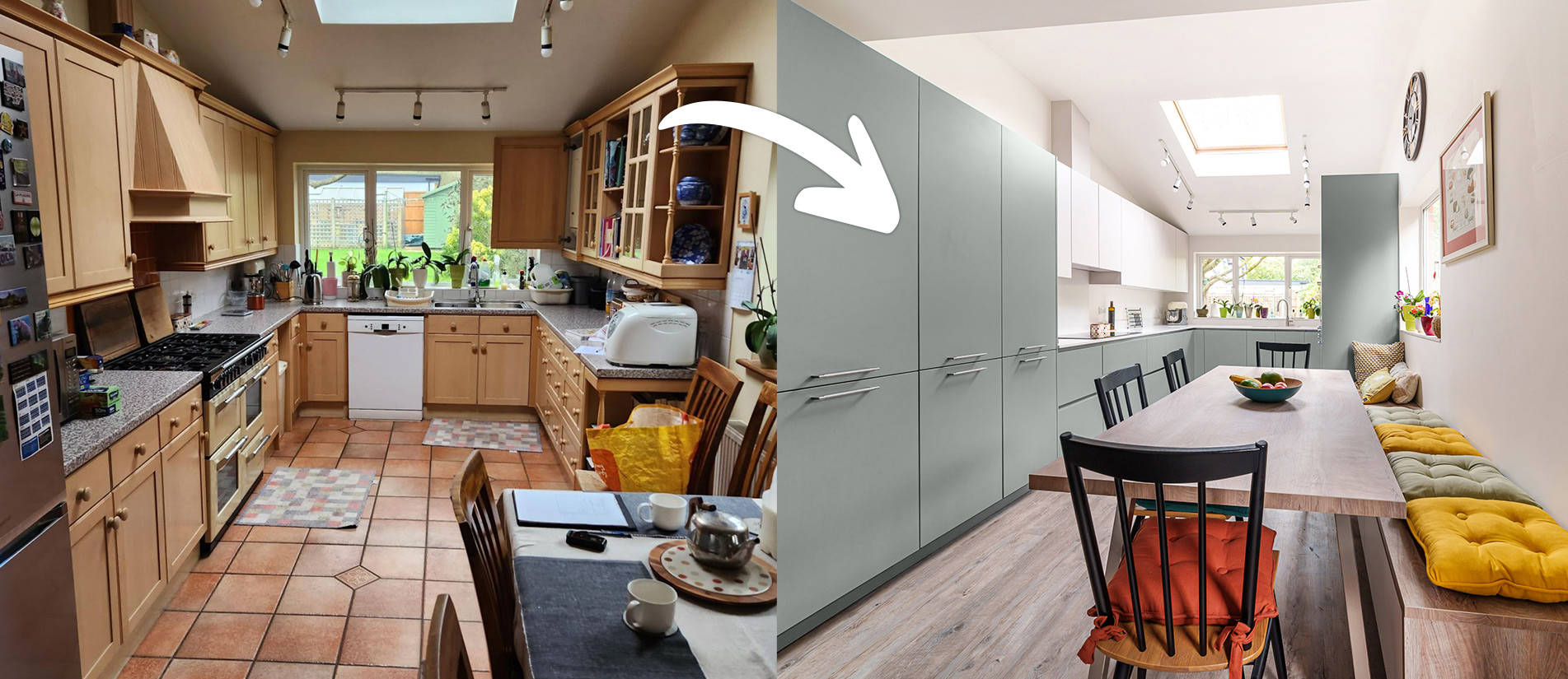 a renovated kitchen with the before and after photo