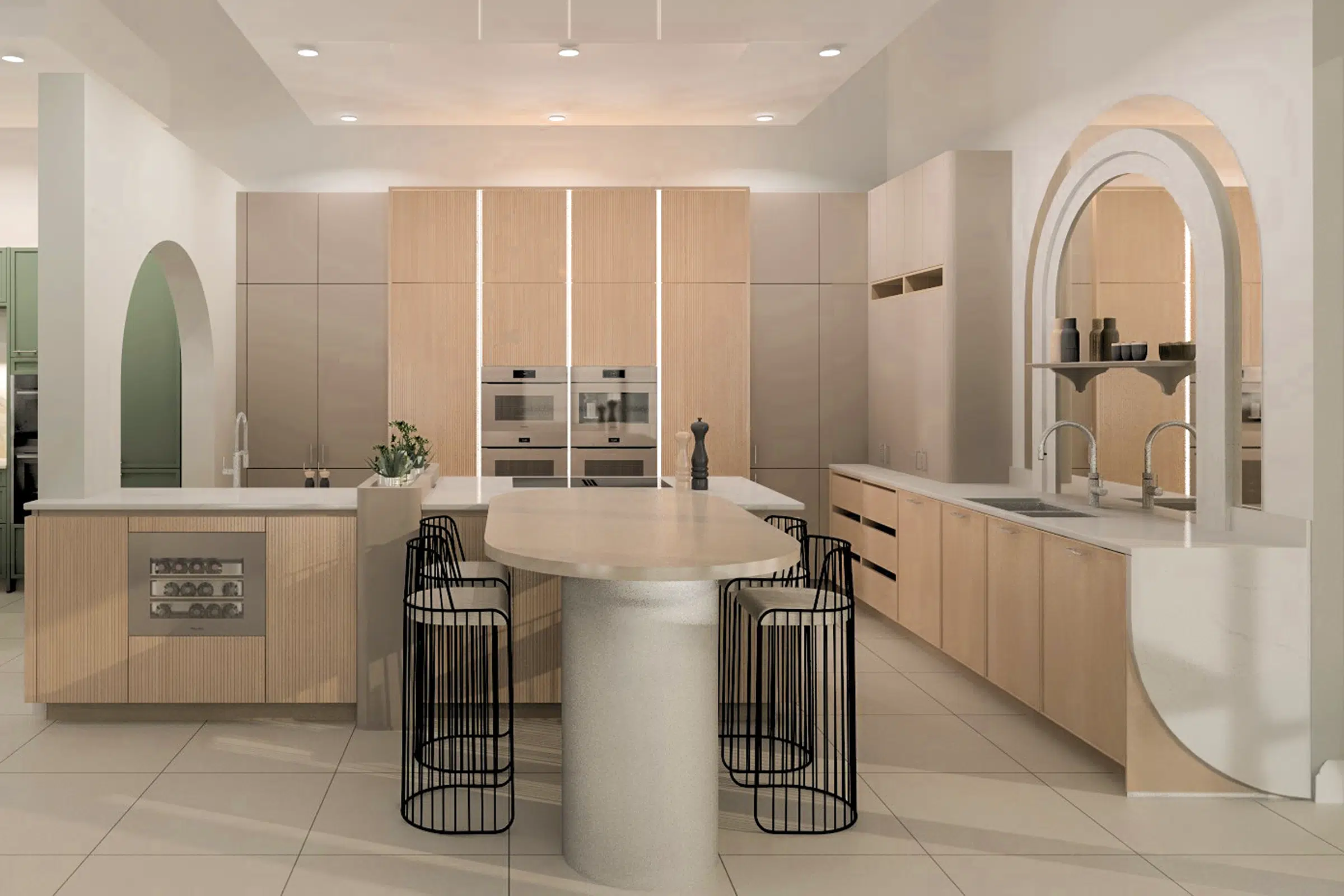 Modern wood kitchen with curved features.