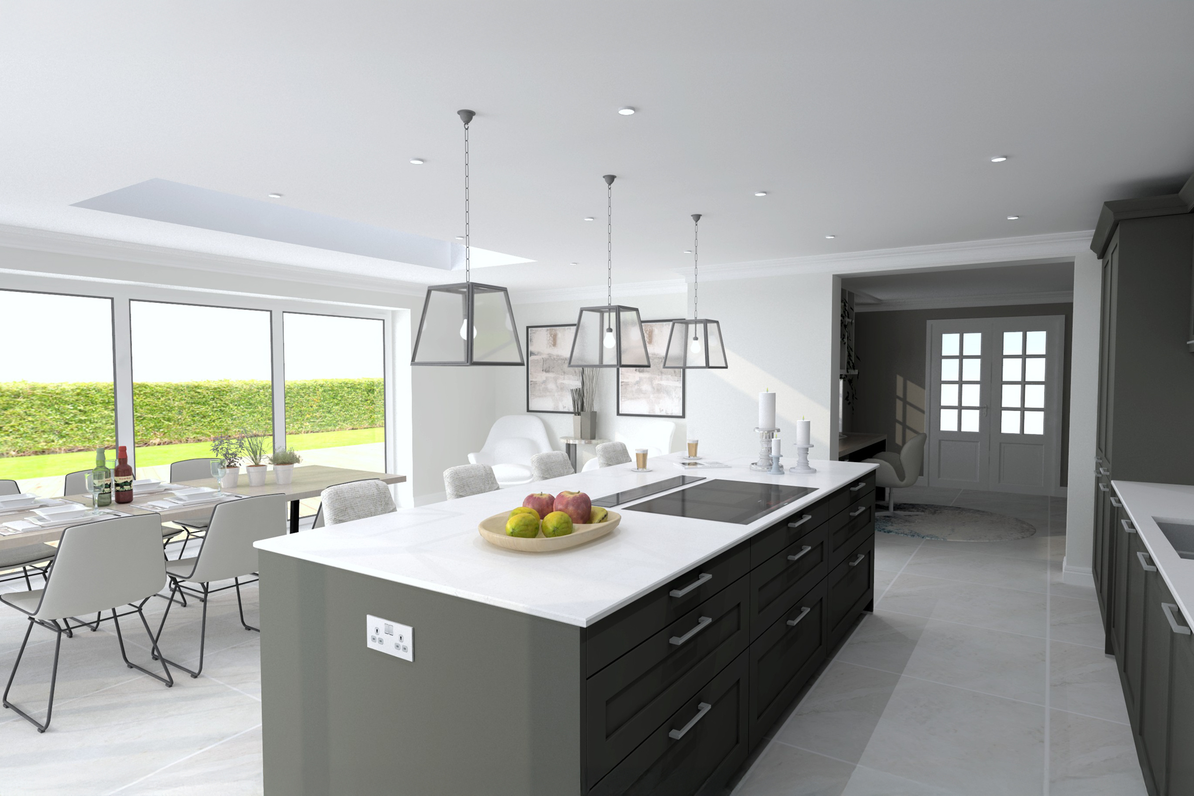 A contemporary shaker kitchen render for a kitchen extension redesign in Ascot.