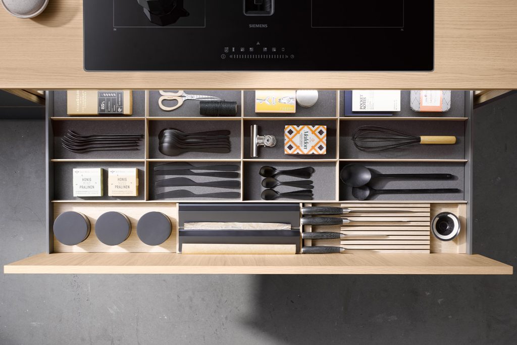 A close up detail of the Systemat drawer storage.