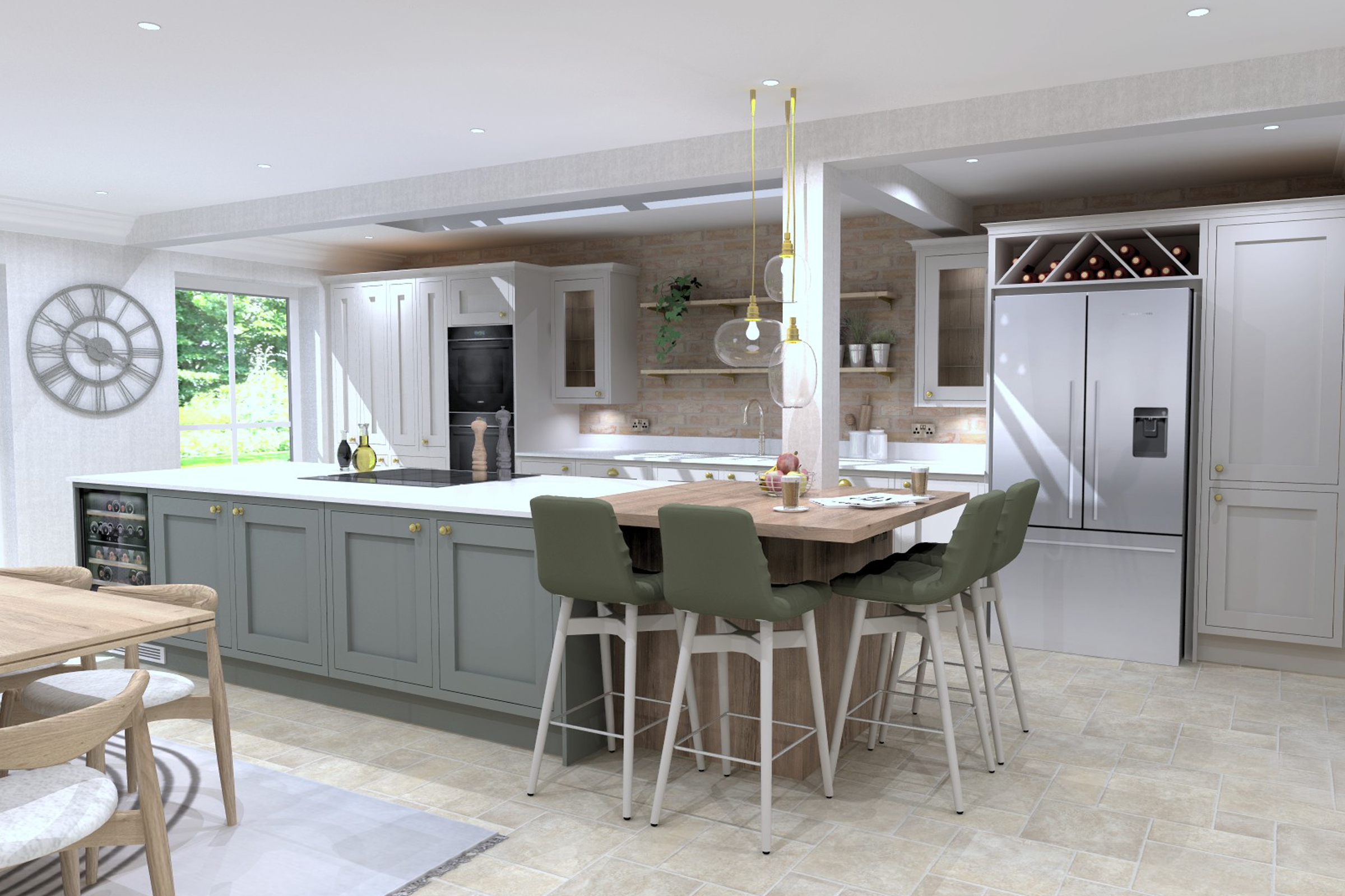 A Bontanical British Shaker Kitchen Design with Oak Breakfast Bar Render