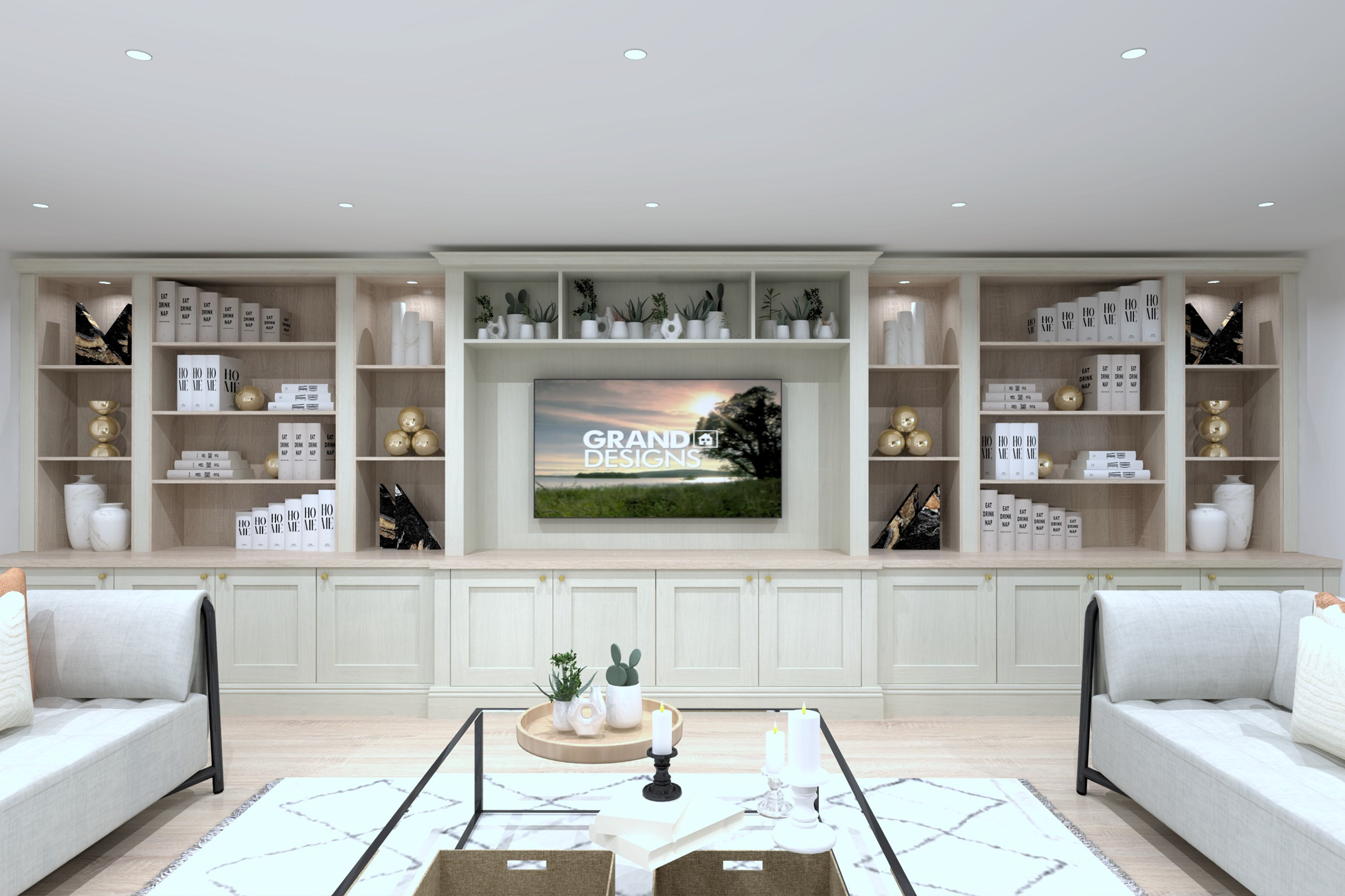 Design render of fitted shaker media unit and book case for living room by KCA