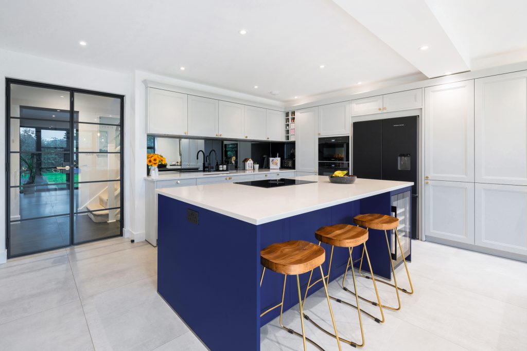 Shaker kitchen with statement cobalt blue island, Thames Ditton, Surrey