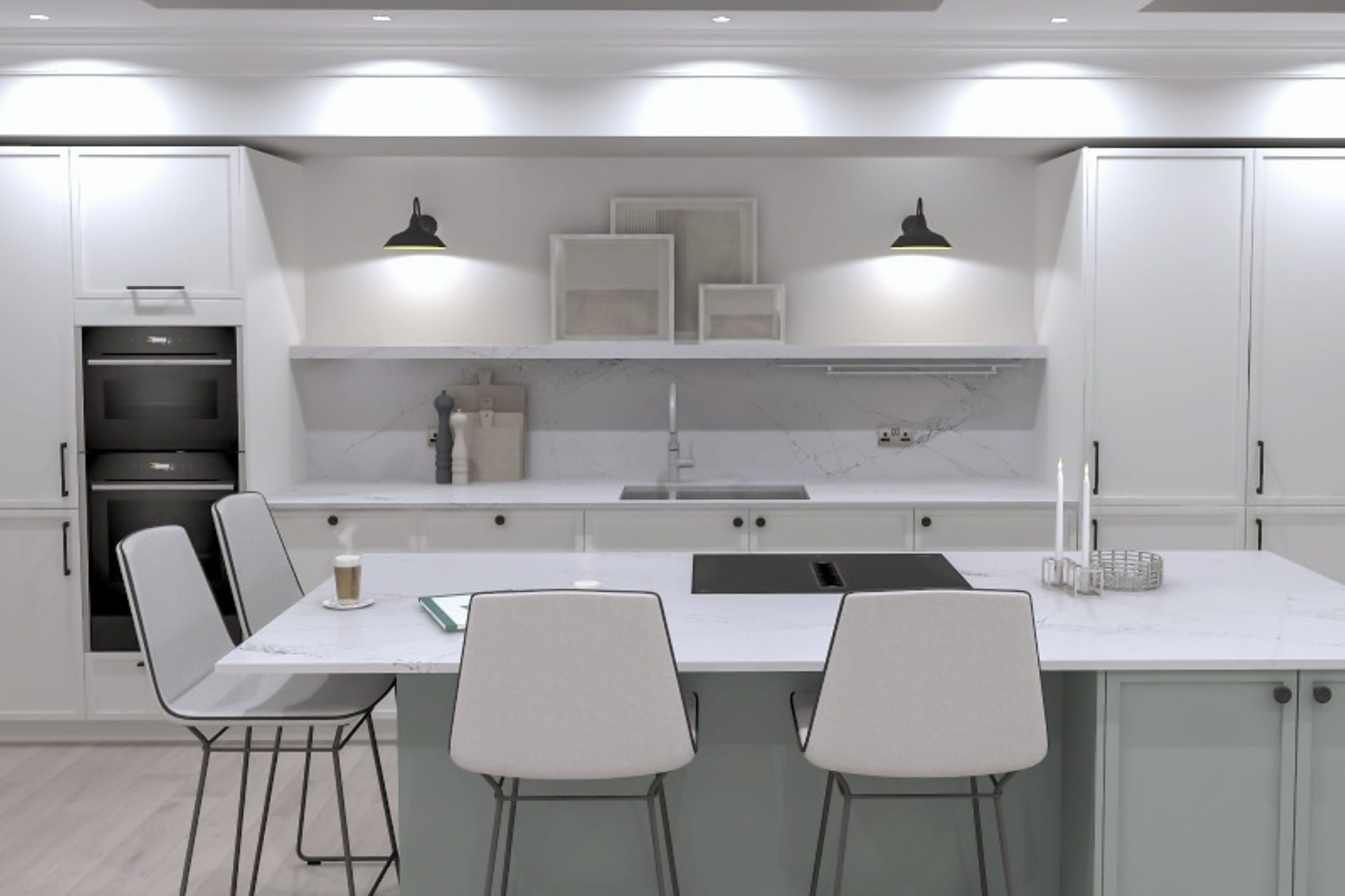 Kitchen design render by KCA showing two-tone slim Shaker cabinetry, island seating and floating shelf for a kitchen extension.