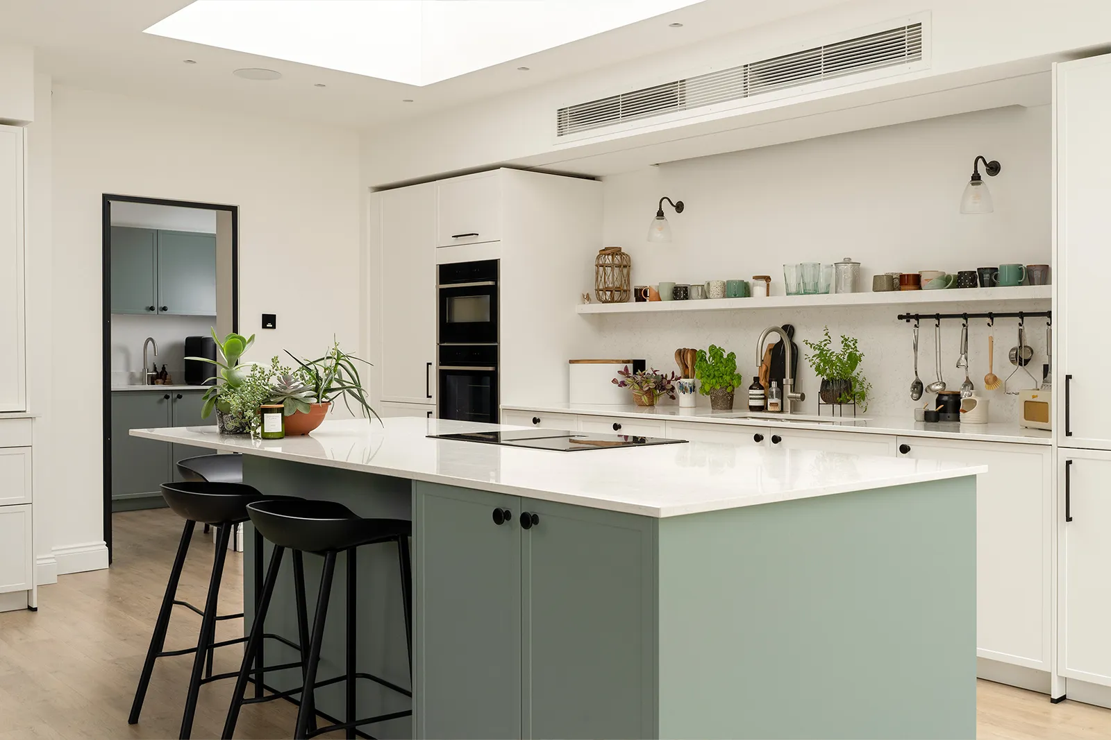 Modern Skinny Shaker White and Green Kitchen Crowthorne Berkshire